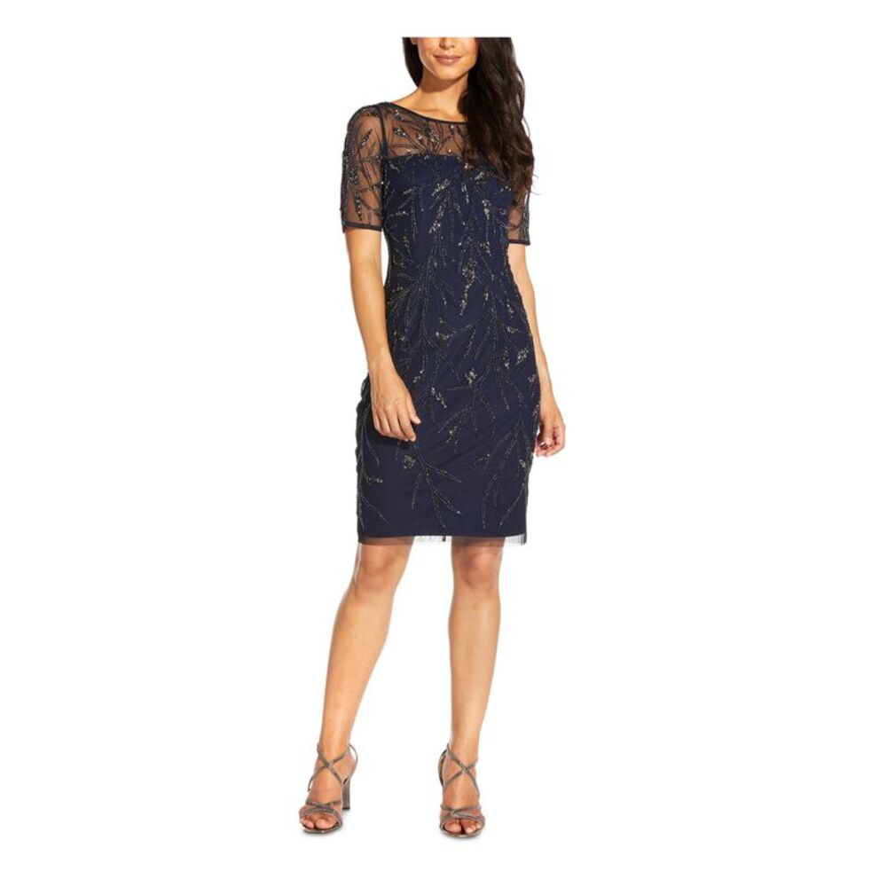 Adrianna Papell Navy Sheath Dress with Metallic Beading